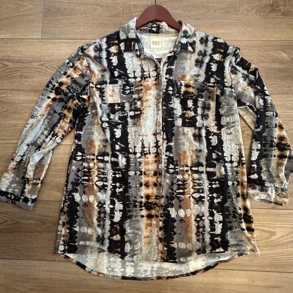Modish Rebel Tie Dye Button Down Shirt Earth Tone Western Boho M